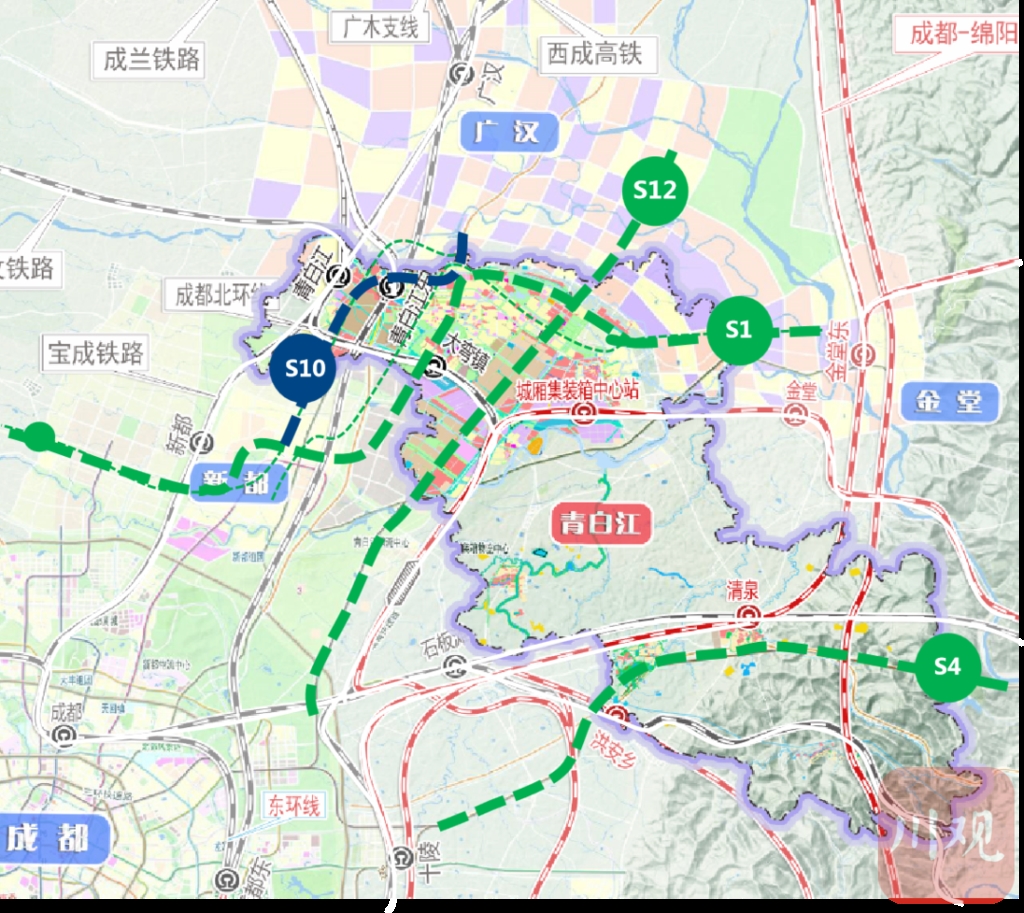 s1线为串联新都,青白江的东西向线路,s10线和s12线为南北向连接中心