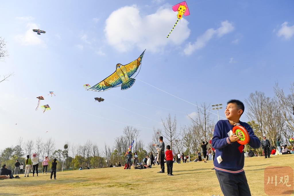 2月14日,小朋友在成都露天音乐公园放风筝