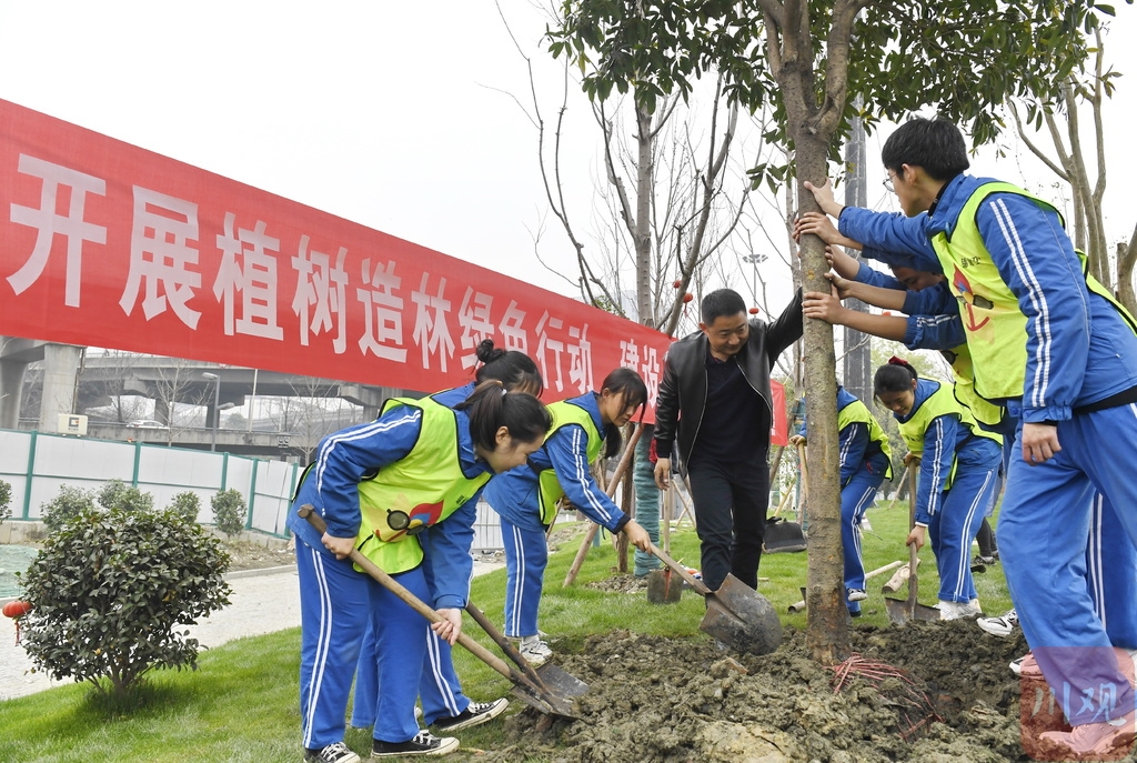 联合辖区内5所初高中和小学上千名学生开展义务植树活动,十六年来